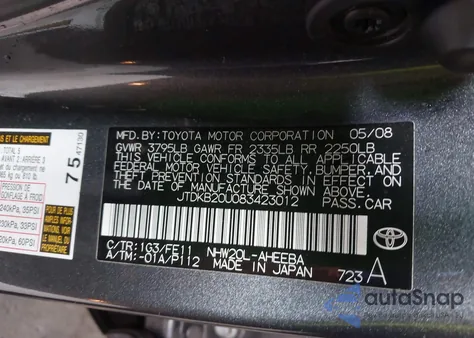 2008 Toyota Prius from USA, damaged, VIN JTDKB20U083423012